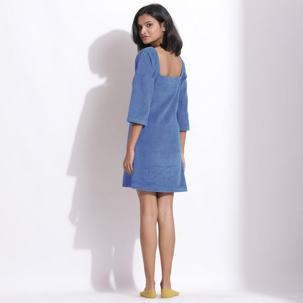 Ice Blue Warm Cotton Corduroy Short Shift Dress