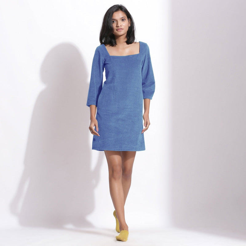 Ice Blue Warm Cotton Corduroy Short Shift Dress