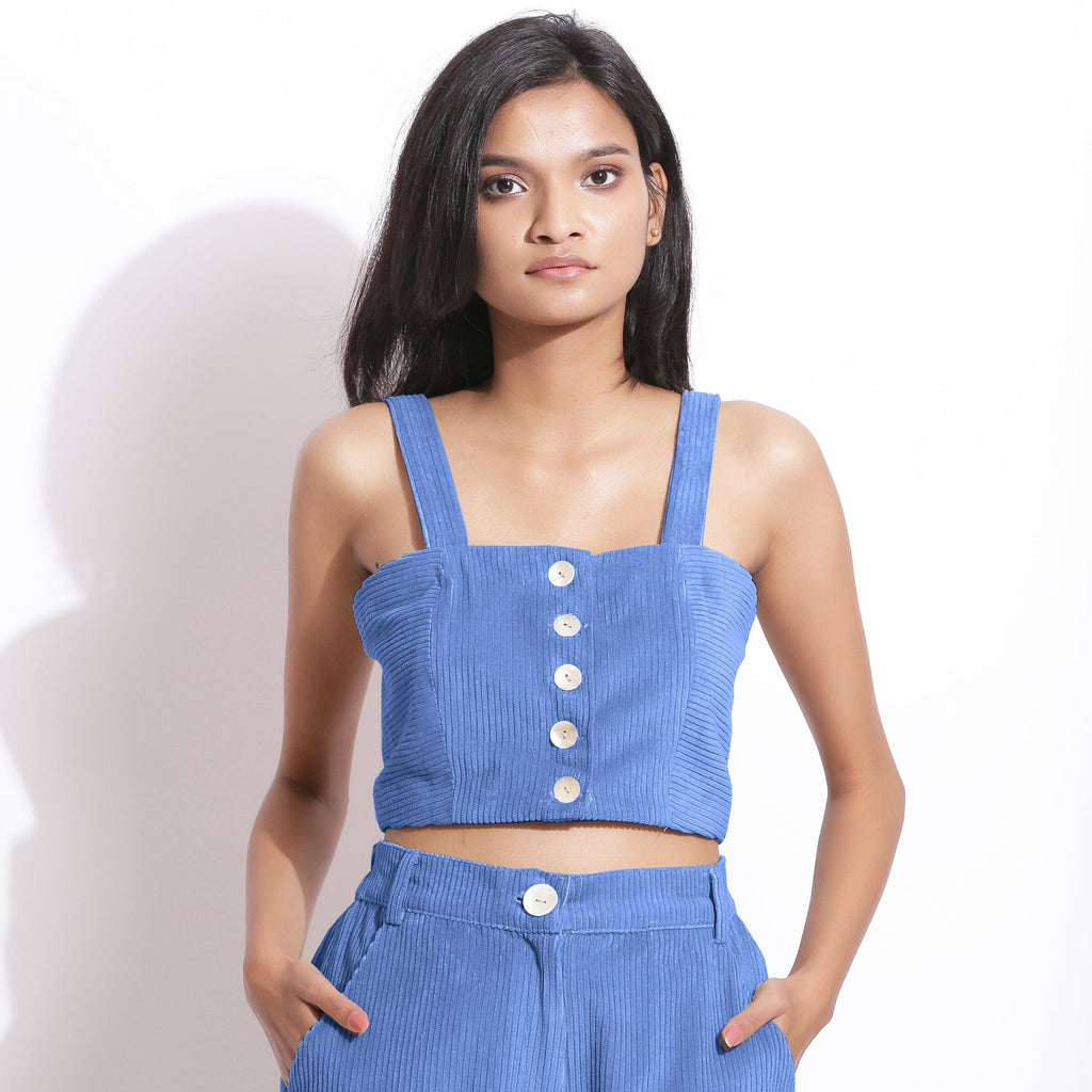 Ice Blue Warm Cotton Corduroy Slim Fit Crop Top