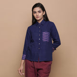 Front View of a Model wearing Ikat Handspun Cotton Navy Blue Shirt