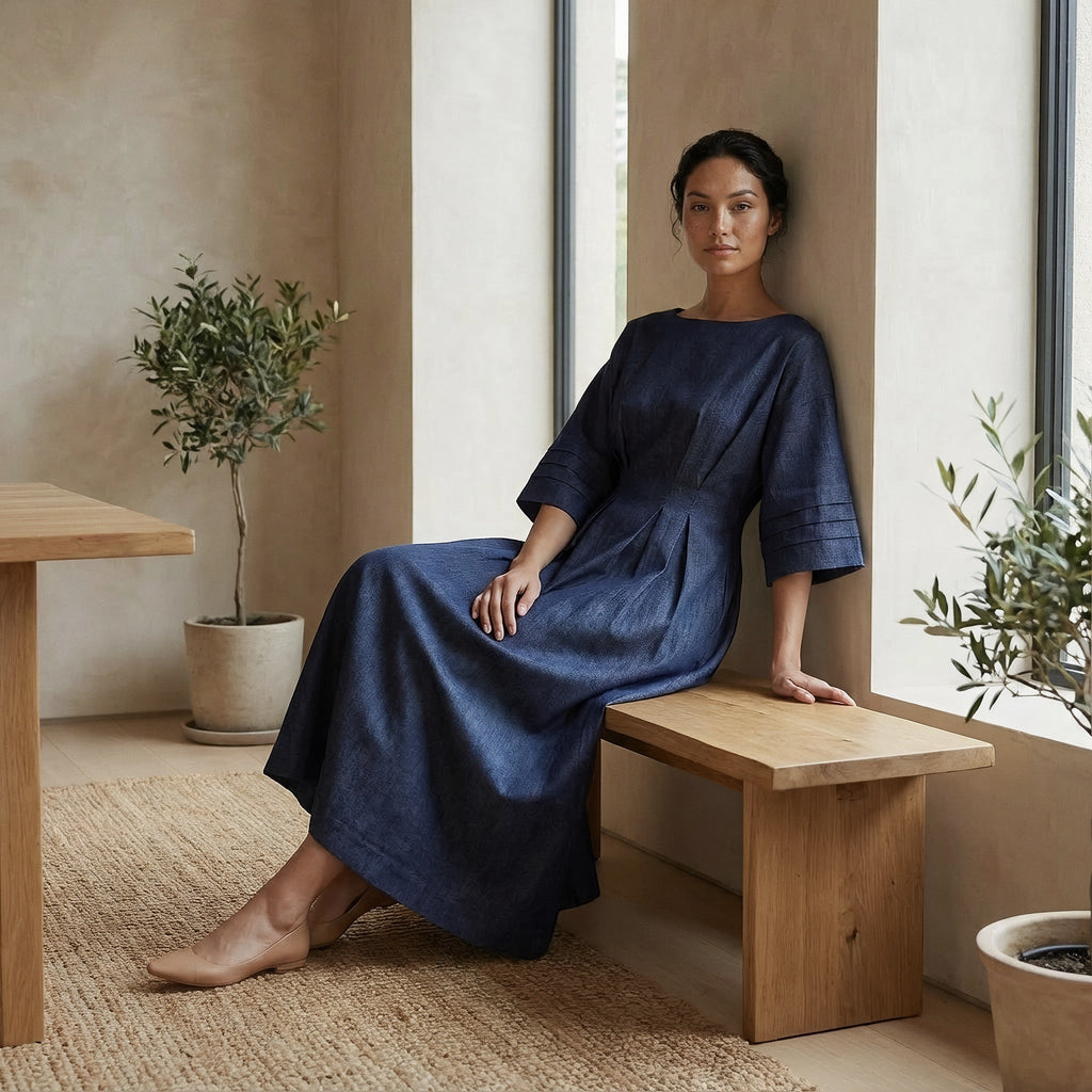 Indigo Cotton Denim Boat Neck Maxi Dress with Kimono Sleeves