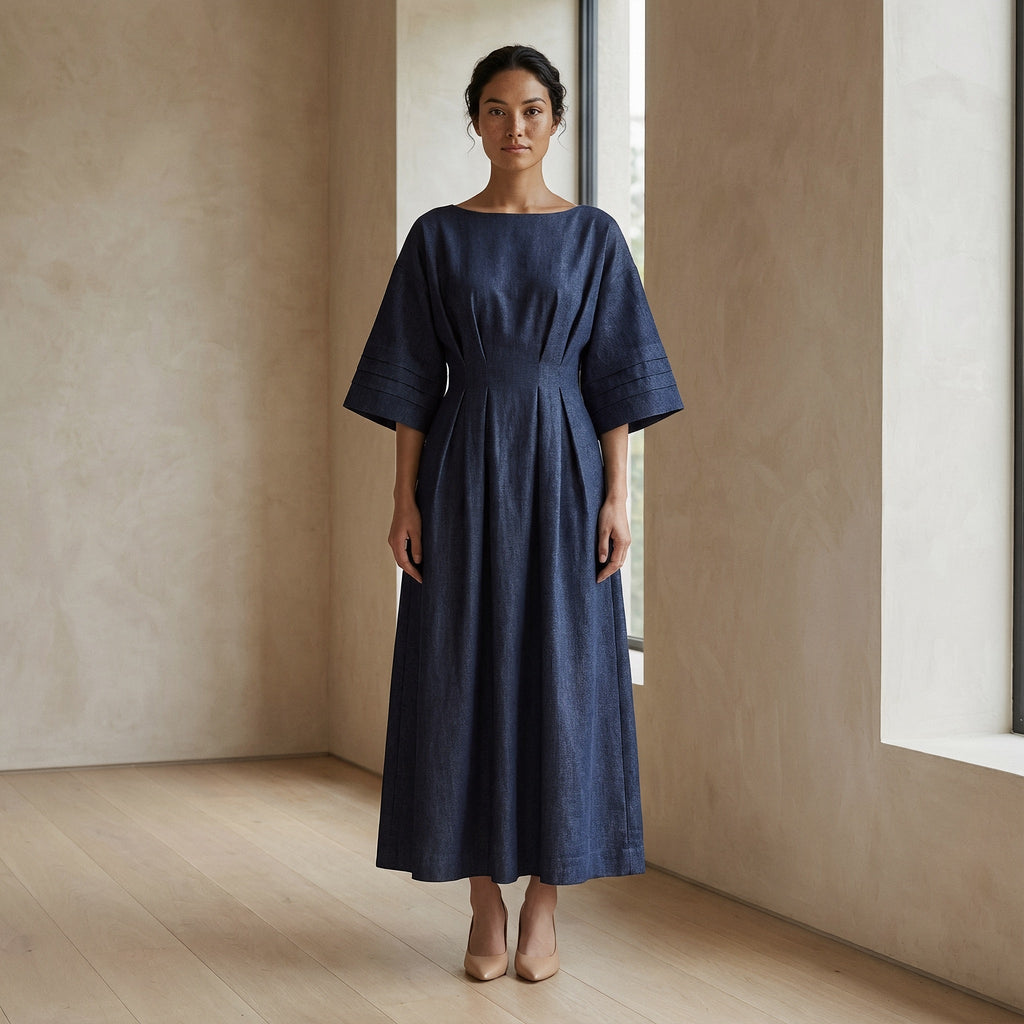 Indigo Cotton Denim Boat Neck Maxi Dress with Kimono Sleeves