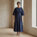 Indigo Cotton Denim Boat Neck Maxi Dress with Kimono Sleeves