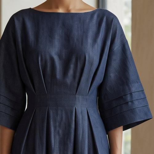 Indigo Cotton Denim Boat Neck Maxi Dress with Kimono Sleeves
