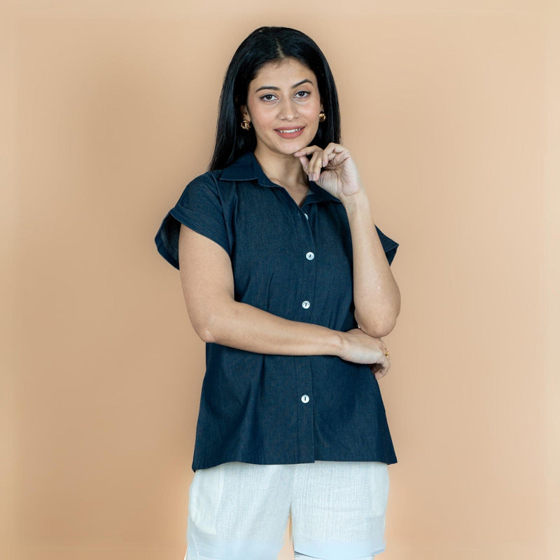 Indigo Cotton Denim Drop Shoulder Sleeves Button-Down Shirt