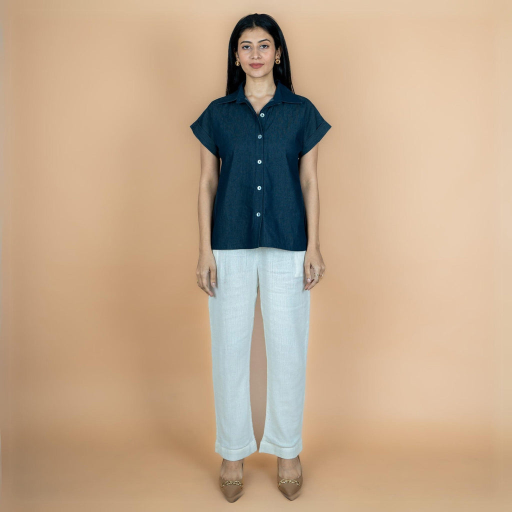Indigo Cotton Denim Drop Shoulder Sleeves Button-Down Shirt