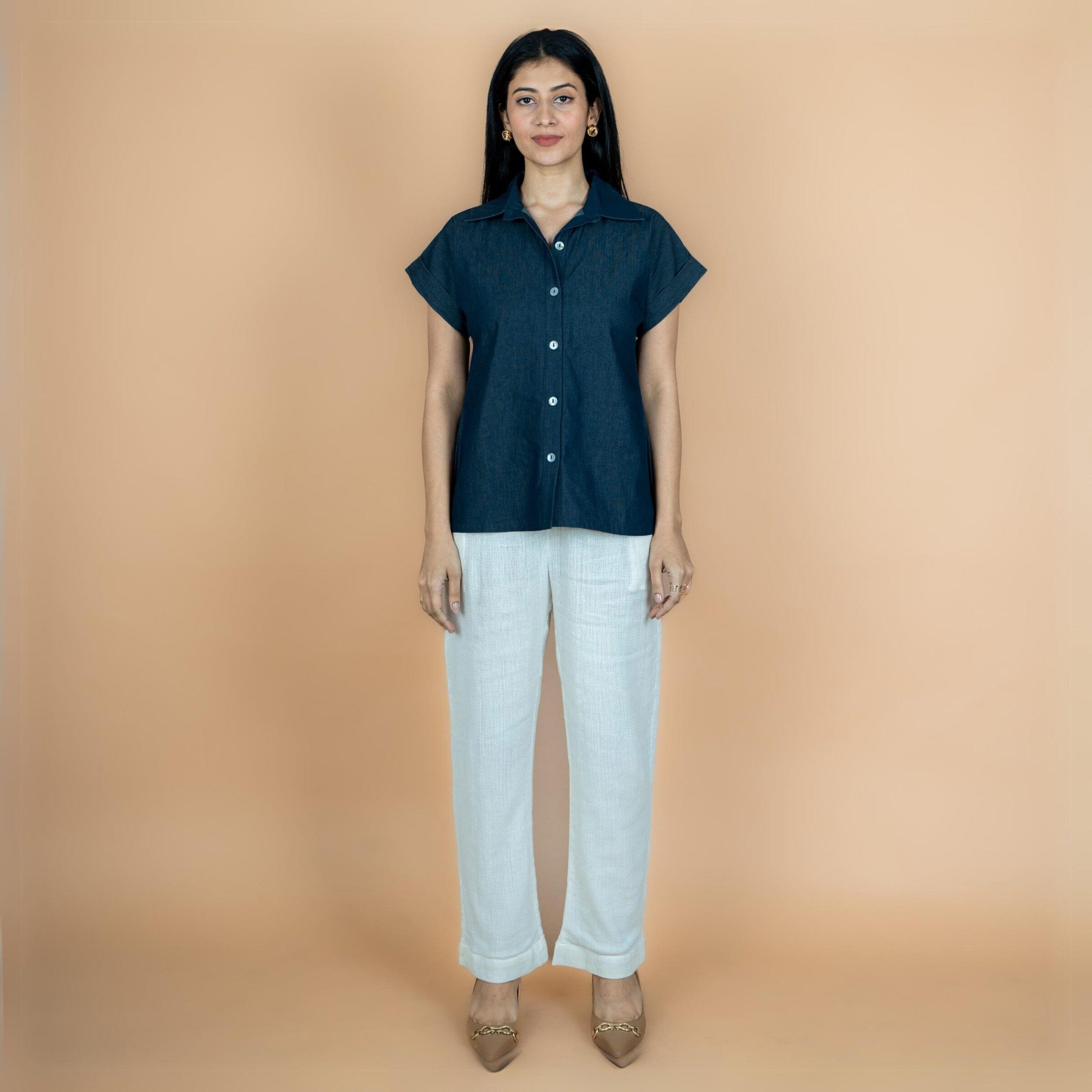 Indigo Cotton Denim Drop Shoulder Sleeves Button-Down Shirt