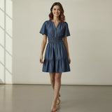 Indigo Cotton Denim Elasticated Short Tier Dress