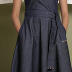 Front Detail of a Model wearing Indigo Cotton Denim V-Neck Fit and Flare Midi Dress