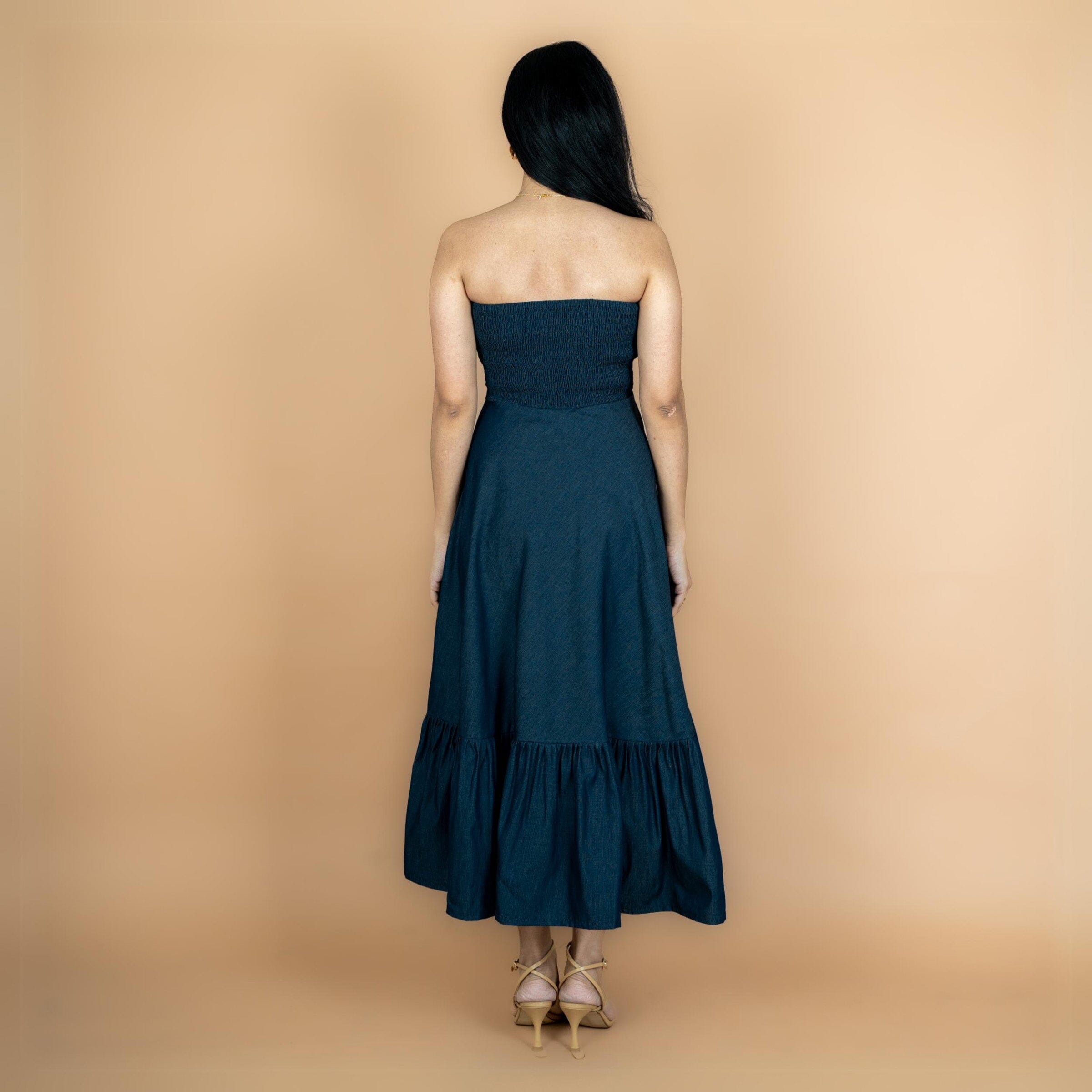 Indigo Cotton Denim Flared Maxi Tube Dress