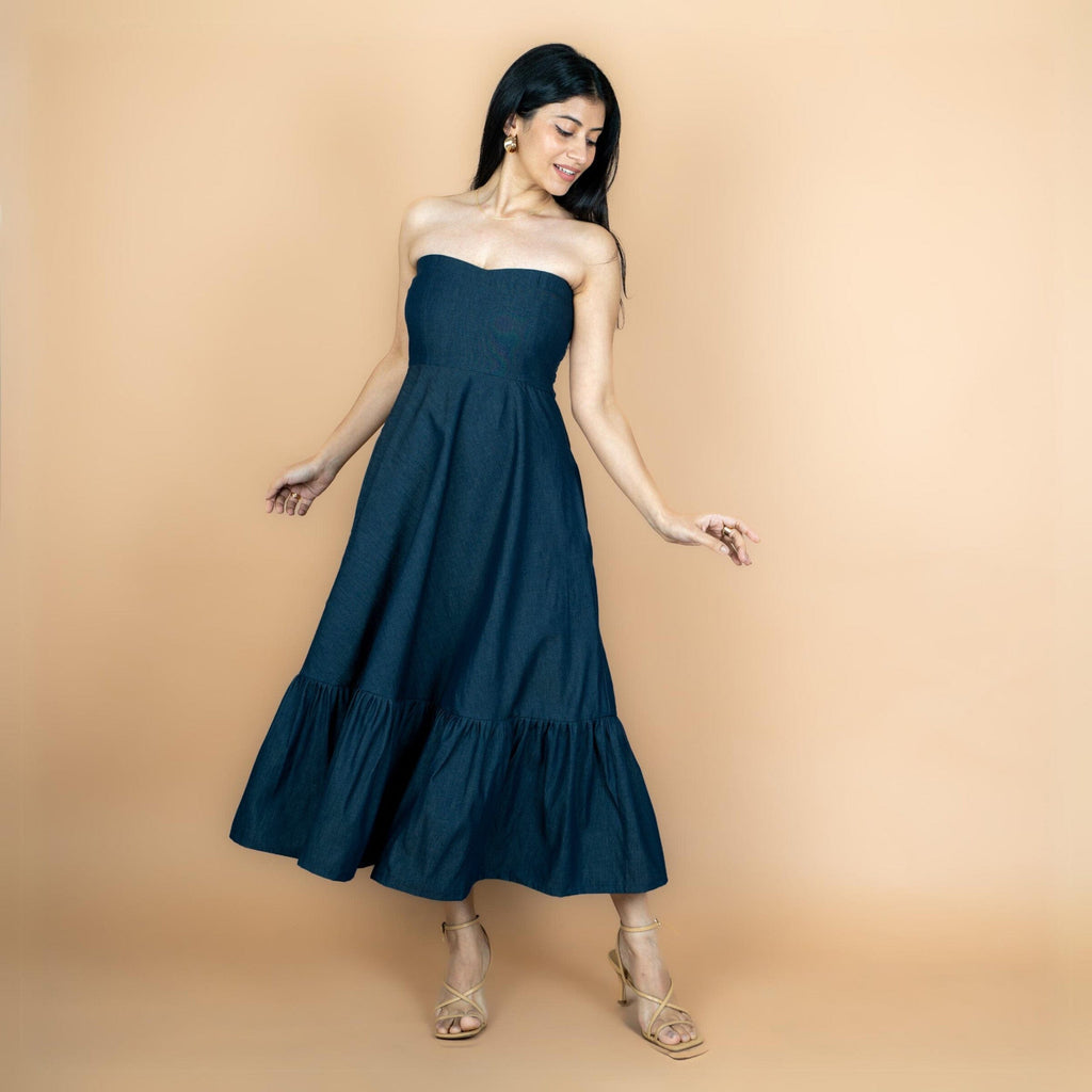 Indigo Cotton Denim Flared Maxi Tube Dress