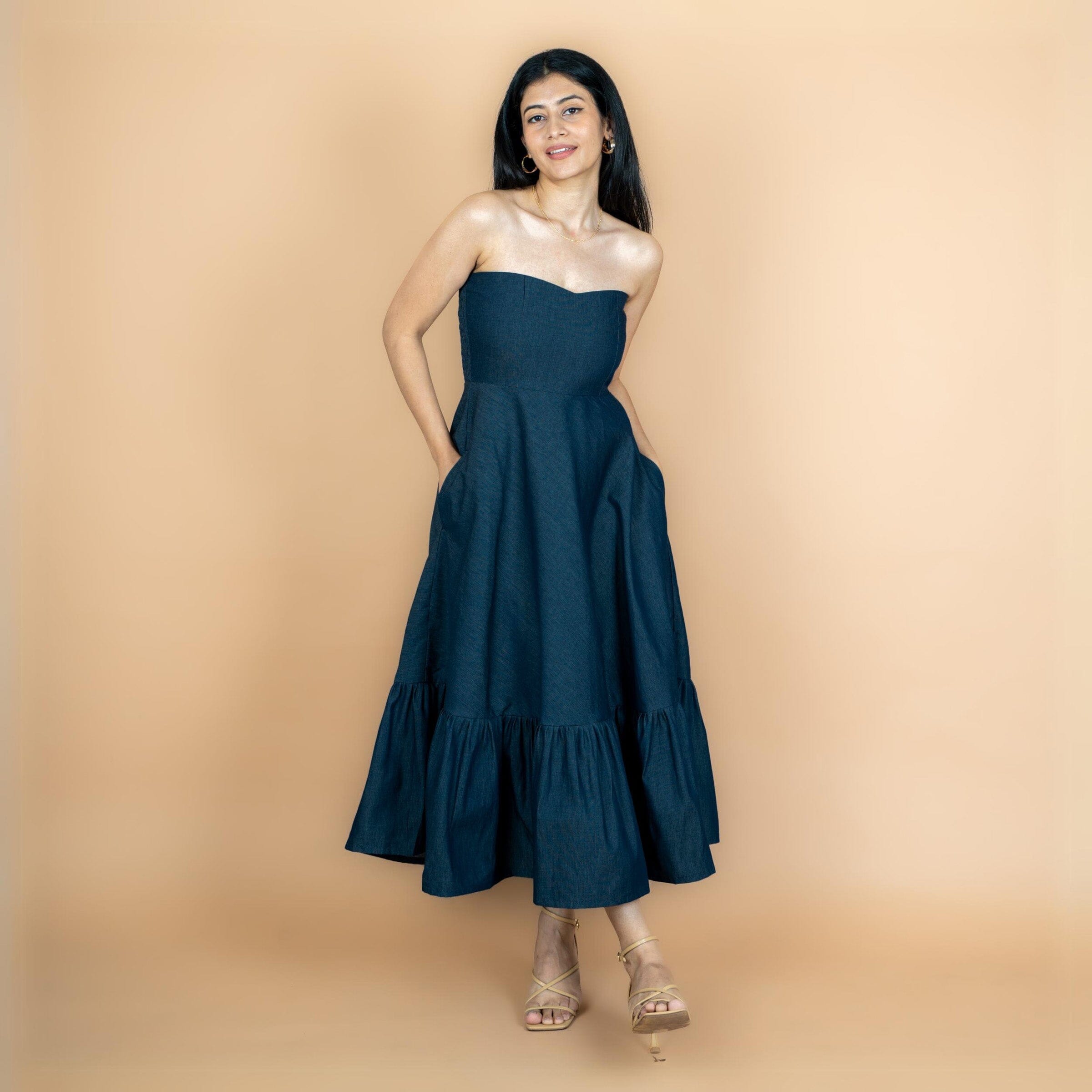 Indigo Cotton Denim Flared Maxi Tube Dress