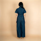 Indigo Cotton Denim Front Zipper Safari Jumpsuit