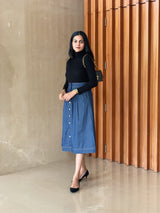 Indigo Cotton Denim High-Rise Button-Down Midi Skirt