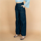 Indigo Cotton Denim High-Rise Flared Comfort Fit Wide Legged Pant