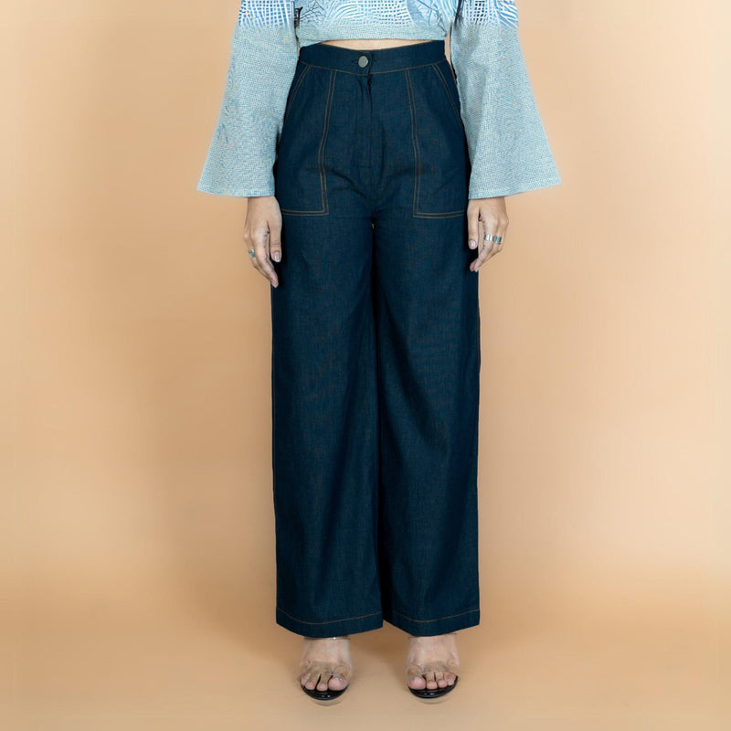 Indigo Cotton Denim High-Rise Flared Comfort Fit Wide Legged Pant