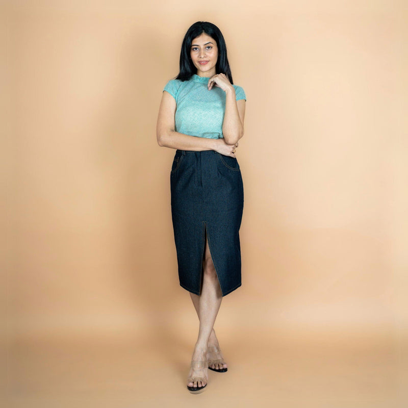 Indigo Cotton Denim High-Rise Midi Pencil Skirt