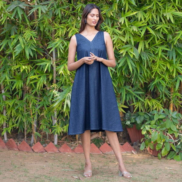 Indigo Cotton Denim Knee Length Flared Dress