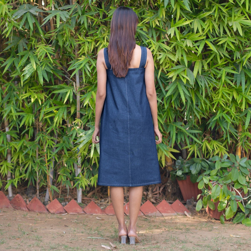 Indigo Cotton Denim Knee Length Flared Dress