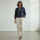 Indigo Cotton Denim Long Sleeve V-Neck Crop Top