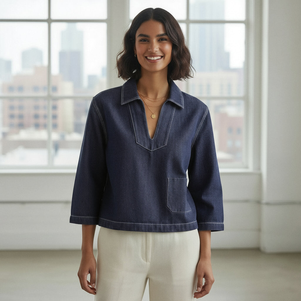 Indigo Cotton Denim Long Sleeve V-Neck Crop Top