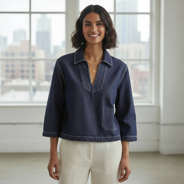 Indigo Cotton Denim Long Sleeve V-Neck Crop Top