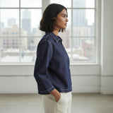 Indigo Cotton Denim Long Sleeve V-Neck Crop Top