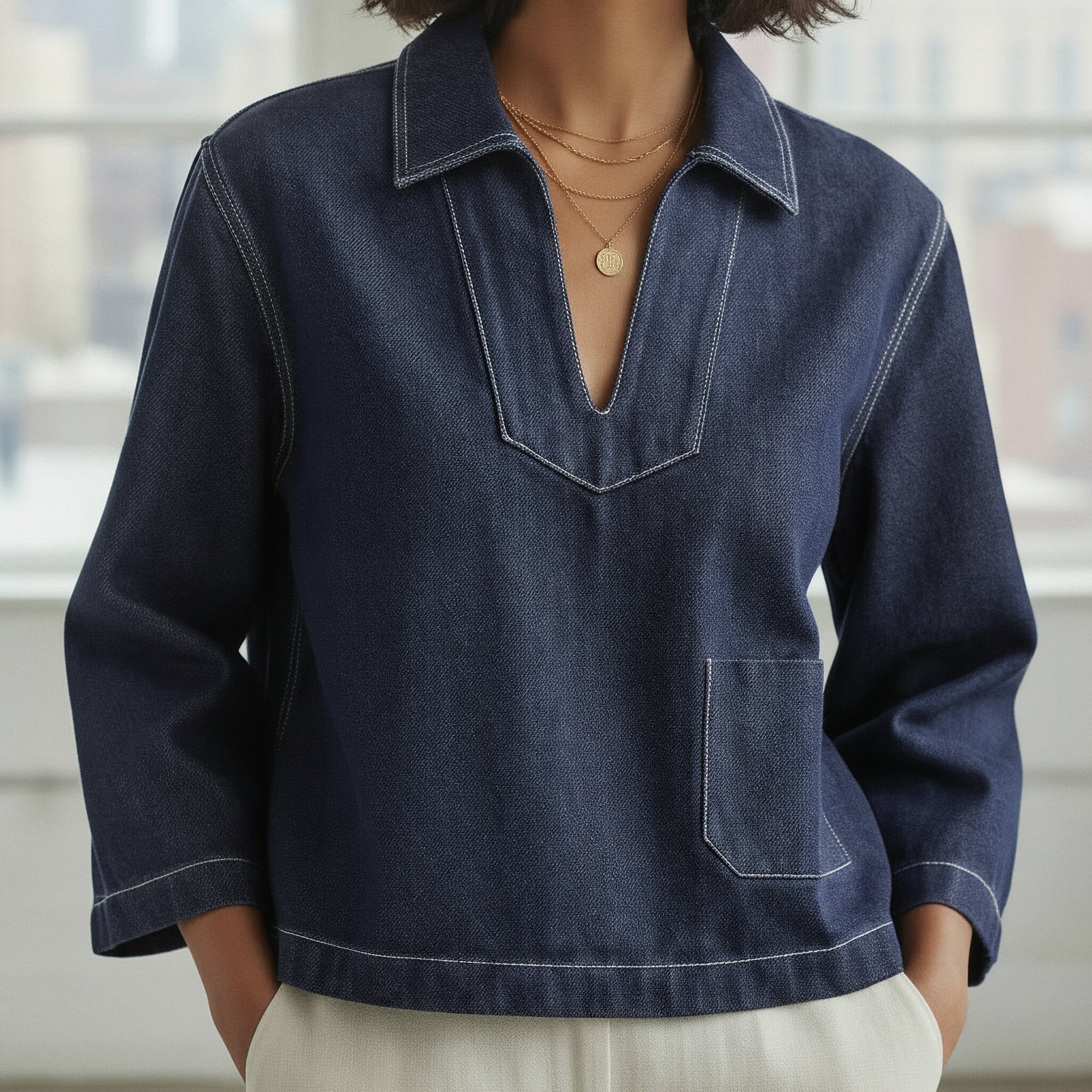 Indigo Cotton Denim Long Sleeve V-Neck Crop Top