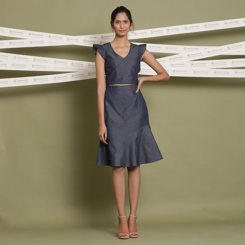 Front View of a Model wearing Indigo Cotton Denim Paneled A-Line Skirt