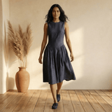 Indigo Cotton Denim Paneled Sleeveless Knee Length Dress