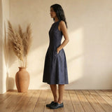Indigo Cotton Denim Paneled Sleeveless Knee Length Dress