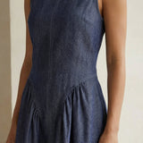 Indigo Cotton Denim Paneled Sleeveless Knee Length Dress