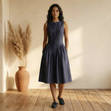 Indigo Cotton Denim Paneled Sleeveless Knee Length Dress