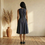 Indigo Cotton Denim Paneled Sleeveless Knee Length Dress