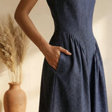 Indigo Cotton Denim Paneled Sleeveless Knee Length Dress