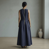 Indigo Cotton Denim Paneled Sleeveless Maxi Dress
