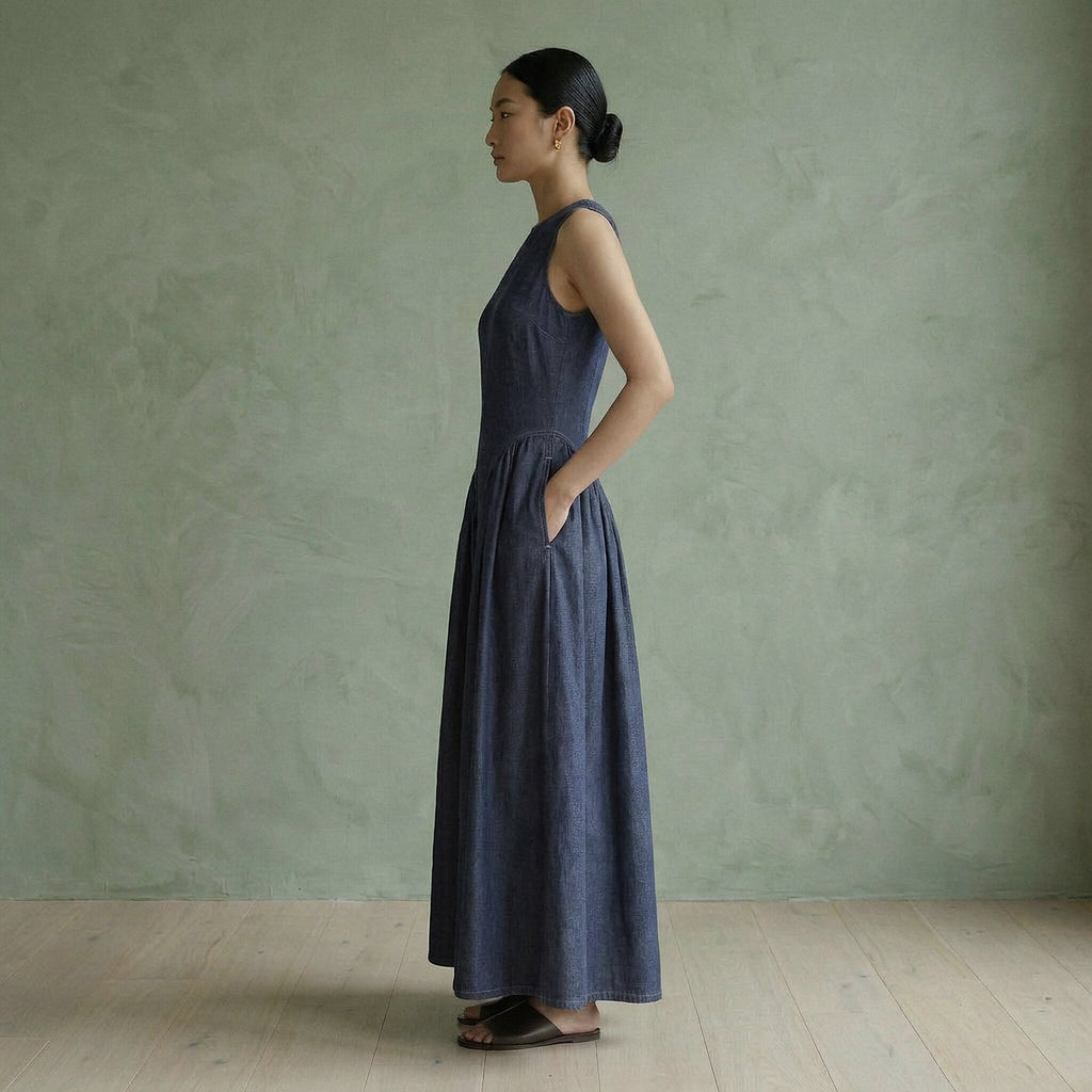 Indigo Cotton Denim Paneled Sleeveless Maxi Dress