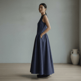 Indigo Cotton Denim Paneled Sleeveless Maxi Dress