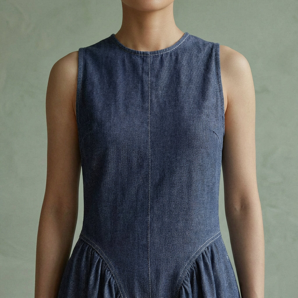 Indigo Cotton Denim Paneled Sleeveless Maxi Dress