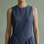 Indigo Cotton Denim Paneled Sleeveless Maxi Dress