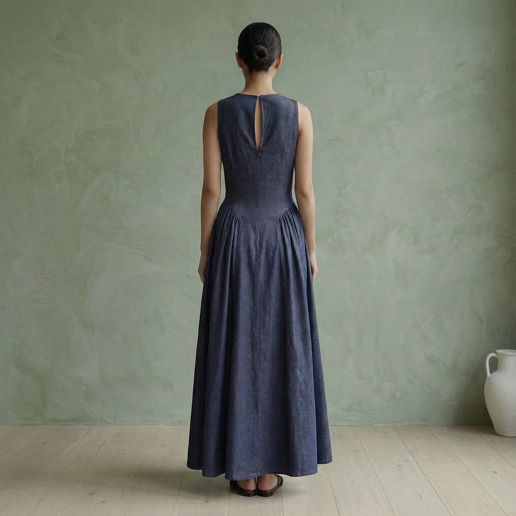Indigo Cotton Denim Paneled Sleeveless Maxi Dress