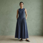 Indigo Cotton Denim Paneled Sleeveless Maxi Dress