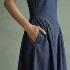 Indigo Cotton Denim Paneled Sleeveless Maxi Dress