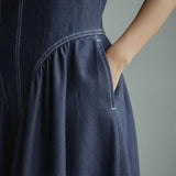 Indigo Cotton Denim Paneled Sleeveless Maxi Dress