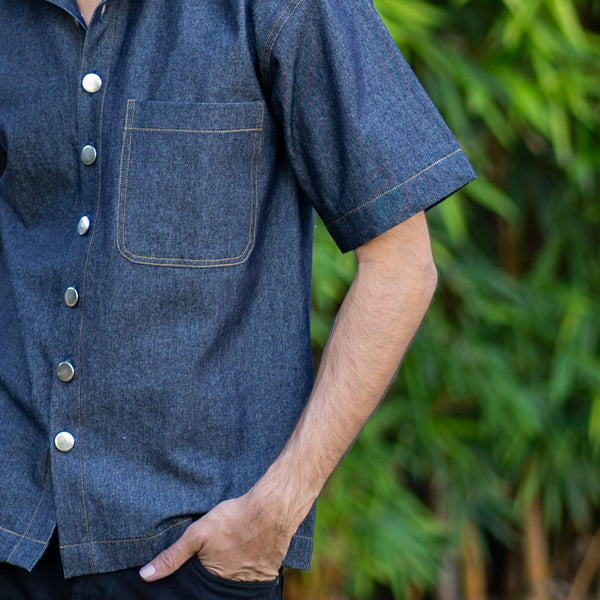 Indigo Cotton Denim Patch Pocket Half Sleeve Shirt