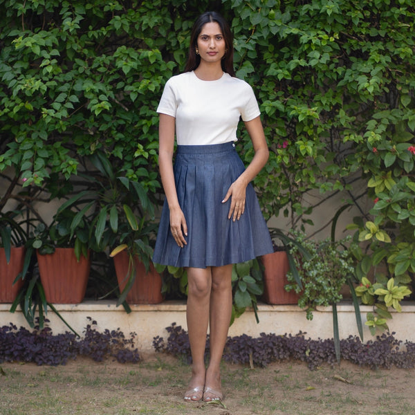 Indigo Cotton Denim Pleated Short Skirt