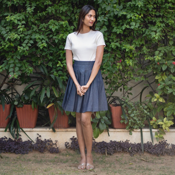 Indigo Cotton Denim Pleated Short Skirt