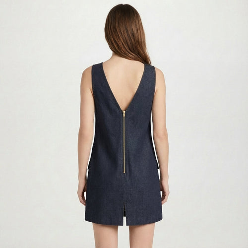 Indigo Cotton Denim Sleeveless A-Line Mini Dress