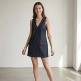 Indigo Cotton Denim Sleeveless A-Line Mini Dress