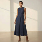 Indigo Cotton Denim Sleeveless Flared Midi Dress